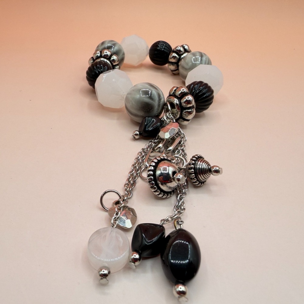 Black White Gray Chunky Beaded Charm Bracelet Silver Tone Statement Jewelry